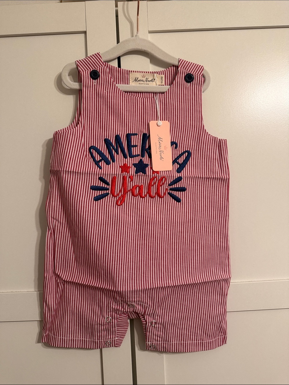 Marie Nicole Red Striped 'America Y'all' Kids Shortall